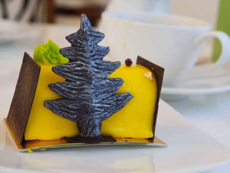 YELLOW CAKE DECORATED WITH CHOCOLATE PALM TREEの写真素材
