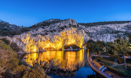 Lake Vouliagmeni in south Athens, Greece, just after sunsetの写真素材