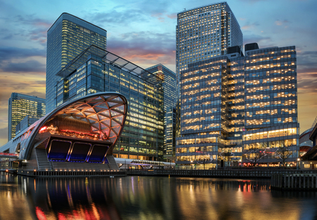 The financial district Canary Wharf in London during sunsetのeditorial素材