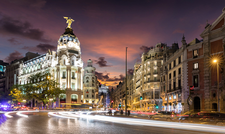 Gran Via Street in Madrid, Spain, after sunsetのeditorial素材