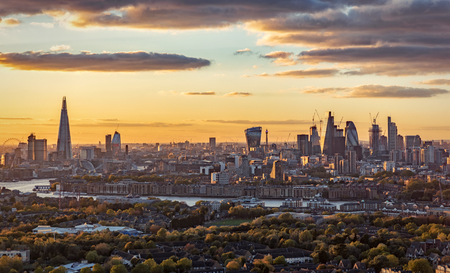 The new skyline of London, United Kingdom, during sunset, from the city to the Tower Bridgeのeditorial素材