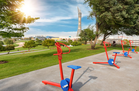DOHA, QATAR - 2nd of April 2017: Open air gym in the Aspire Park on a sunny dayのeditorial素材