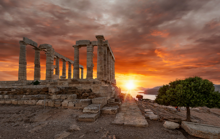 Cloudy sunset over the Temple of Poseidon at Sounion, Attica, Greeceの写真素材