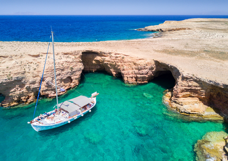 Aerial view of the Ksylobatis caves on Pano Koufonisi, Cyclades, Greeceのeditorial素材