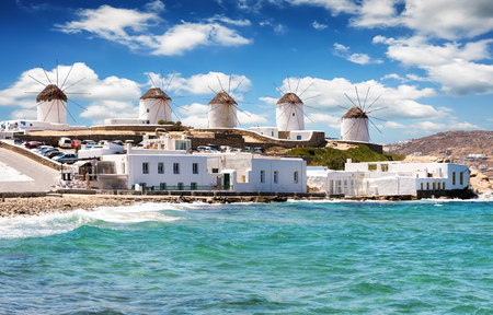Famous windmills over the town of Mykonos, Cyclades, Greeceの写真素材