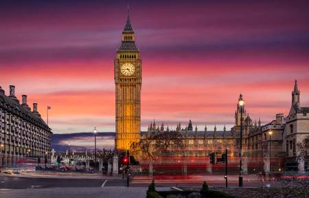 Big Ben after sunset seen from Parliament Square in London, United Kingdomの写真素材