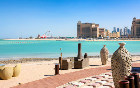 View from Katara Beach in Doha, Qatar, towards the West Bay and city centerのeditorial素材