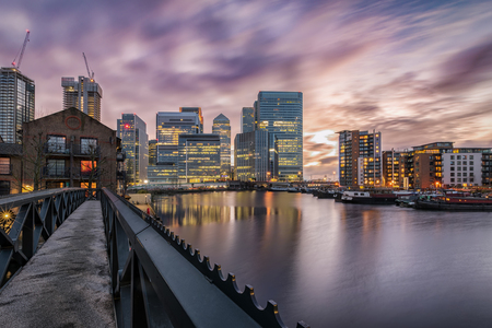 View to the financial district Canary Wharf on a stormy day, London, United Kingdomの写真素材
