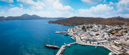 Panoramic aerial view of Adamas town, the port of Milos island, with turquoise sea, Cyclades, Greeceの写真素材