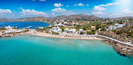 Panoramic aerial view of the popular and beautiful Agathopes beach, Syros island, Cyclades, Greeceの写真素材