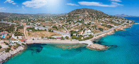 Panoramic view of the beach and coast of Agia Marina, south of Athens, Attica, Greece, with...