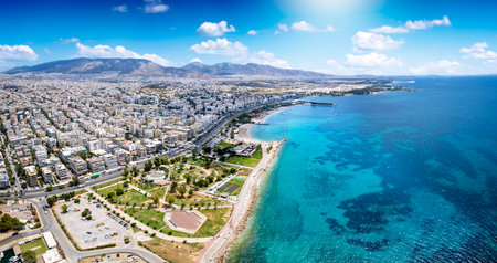 Aerial view of the Kalamaki area at the south Athens Riviera, Greece, with beautiful beaches, parks and restaurantsの写真素材