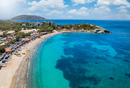 Aerial view of the popular Mavro Lithari beach at Saronida, Attica, Greeceの写真素材