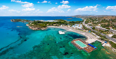 Panoramic aerial view of the Lagonisi peninsula in Attica close to Athens, Greece, with turquoise waters and fine, sandy beachesの写真素材
