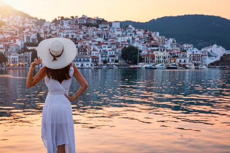 A tourist woman in a white summer dress looks at the town of Skopelos island, Spordes, Greece, during golden sunset timeの写真素材