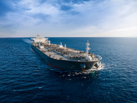 Aerial front view of a heavy loaded crude oil cargo tanker in motion over blue oceanの写真素材