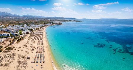 Panoramic aerial view of the popular Agios Prokopios beach at Naxos island, Cyclades, Greeceの写真素材