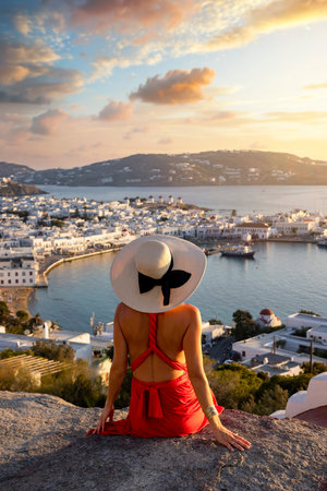 A elegant tourist woman in a red dress enjoys the view over the city of Mykonos island during a golden summer sunset, Cyclades, Greeceの写真素材