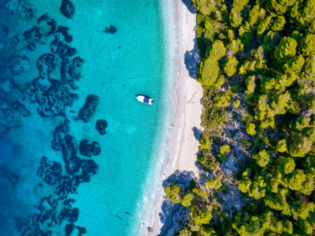 The beautiful coast of Skopelos island, Sporades, Greece, with emerald sea, fine beaches and thick, green pine tree forestの写真素材
