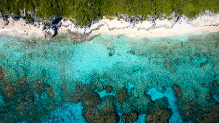 Aerial top view of the atlantic coast of Long Island, Bahamas, Caribbean Sea, with sandy beaches and turquoise seaの写真素材