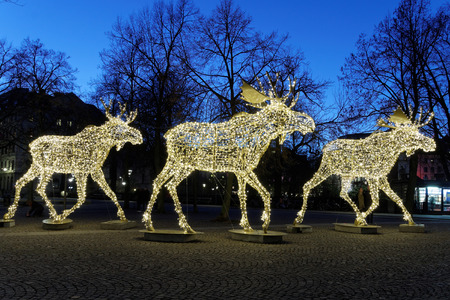 Floc of Christmas moose made of led light, Nybrokajen, Stockholm, Swedenのeditorial素材