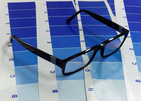 Close-up of glasses on a test print inclding many cyan tone areasの写真素材
