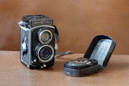 STOCKHOLM, SWEDEN - MARCH 28, 2015: Retro camera model Rolleiflex 4x4 Baby Rolleiflex Sport - Model...