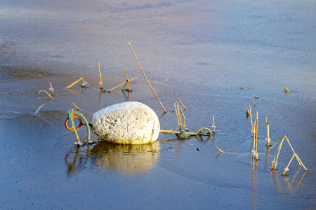 White buoy reflecting in the thin iceの写真素材