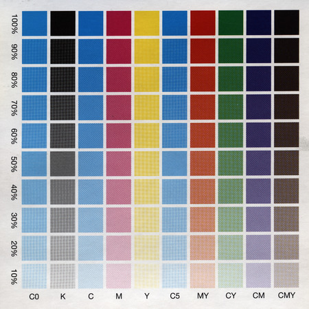 CMYK test print with many color squares from aboveの写真素材