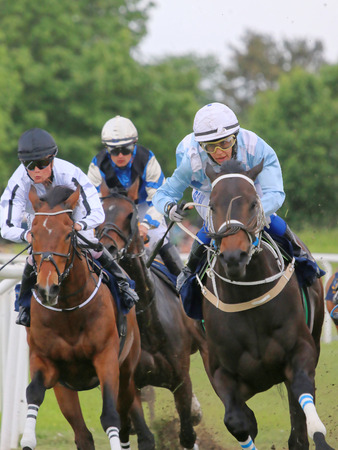 STOCKHOLM - JUNE 06: Three jockeys on race horses competing hard at the Nationaldags Galoppen at Gardet. June 6, 2015 in Stockholmのeditorial素材
