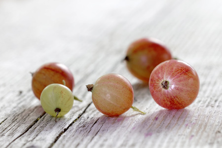 Close-up of a group of gooseberryon a gray wooden background.Short depth of focus.