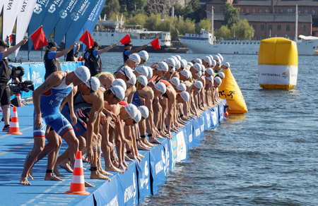 STOCKHOLM - AUG 22, 2015: Group of male swimming competitors in colorful swimsuits concentrating before the start signal in the Mens's ITU World Triathlon series event August 22, 2015 in Stockholm, Swedenのeditorial素材