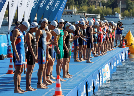 STOCKHOLM - AUG 22, 2015: Group of male swimming competitors in colorful swimsuits waiting for the start signal in the Mens's ITU World Triathlon series event August 22, 2015 in Stockholm, Swedenのeditorial素材