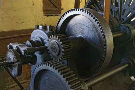 Close-up of an old lathe with belt drive from the early 1900 in an old factory
