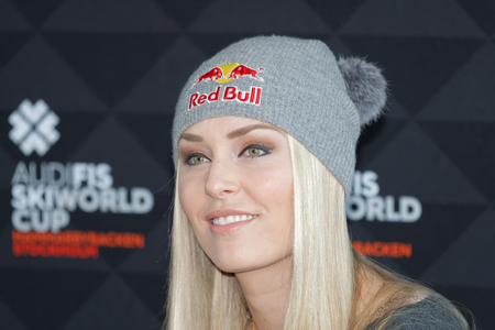 STOCKHOLM, SWEDEN - FEB 23, 2016: Smiling Lindsey Vonn at the press conference before the Audi FIS Alpine Ski World Cup - Men's and Woman's city event February 23, 2016, Stockholm, Swedenのeditorial素材