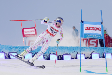 STOCKHOLM, SWEDEN - FEB 23, 2016: Lindsey Vonn (USA) jumping at the FIS Alpine Ski World Cup - Men's and Woman's city event February 23, 2016, Stockholm, Swedenのeditorial素材
