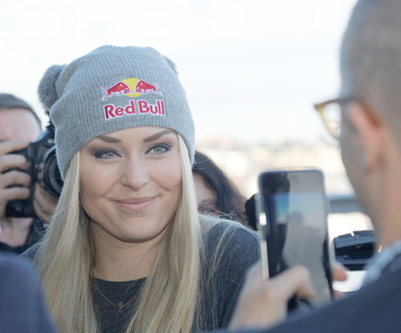 STOCKHOLM, SWEDEN - FEB 23, 2016: Smiling Lindsey Vonn at the press conference before the Audi FIS Alpine Ski World Cup - Men's and Woman's city event February 23, 2016, Stockholm, Swedenのeditorial素材