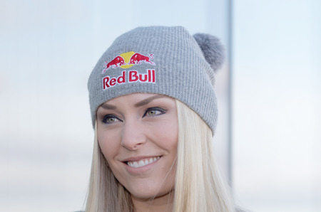 STOCKHOLM, SWEDEN - FEB 23, 2016: Smiling Lindsey Vonn at the press conference before the Audi FIS Alpine Ski World Cup - Men's and Woman's city event February 23, 2016, Stockholm, Swedenのeditorial素材