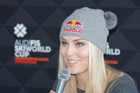 STOCKHOLM, SWEDEN - FEB 23, 2016: Smiling Lindsey Vonn at the press conference before the Audi FIS Alpine Ski World Cup - Men's and Woman's city event February 23, 2016, Stockholm, Swedenのeditorial素材