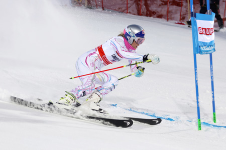 STOCKHOLM, SWEDEN - FEB 23, 2016: Side view of Lindsey Vonn (USA) at the FIS Alpine Ski World Cup - Men's and Woman's city event February 23, 2016, Stockholm, Swedenのeditorial素材