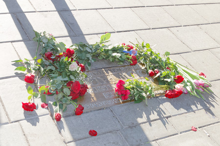 STOCKHOLM, SWEDEN - FEB 28, 2016: Roses on the spot where the swedish prime minister Olof Palme was murdered at Sveavaegen on the memorial day 30 years after the murder. February 28, 2016, Stockholm, Swedenのeditorial素材
