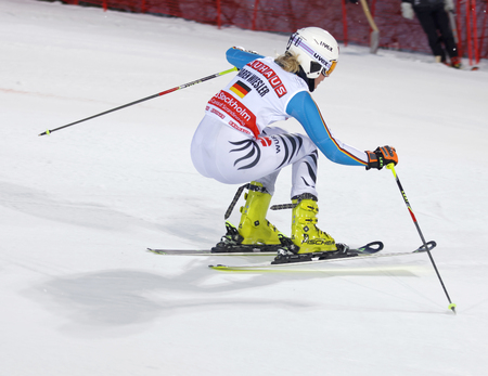STOCKHOLM, SWEDEN - FEB 23, 2016: Maren Wiesler (GER) skiing at the FIS Alpine Ski World Cup - Men's and Woman's city event February 23, 2016, Stockholm, Swedenのeditorial素材