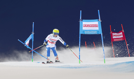 STOCKHOLM, SWEDEN - FEB 23, 2016: Maria Pietilae-Holmner (SWE) skiing at the FIS Alpine Ski World Cup - city event February 23, 2016, Stockholm, Swedenのeditorial素材
