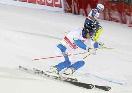 STOCKHOLM, SWEDEN - FEB 23, 2016: Andre Myhrer (SWE) and competitor skiing at the FIS Alpine Ski World Cup - city event February 23, 2016, Stockholm, Swedenのeditorial素材