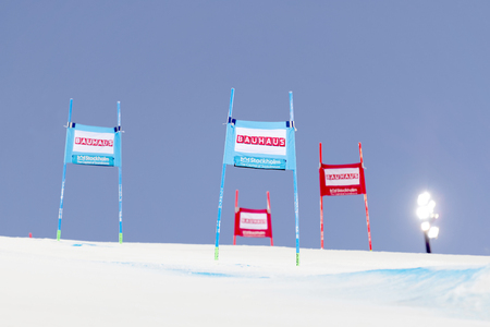 STOCKHOLM, SWEDEN - FEB 23, 2016: Colorful slalom gates at a slalom event at the FIS Alpine Ski World Cup - city event February 23, 2016, Stockholm, Swedenのeditorial素材
