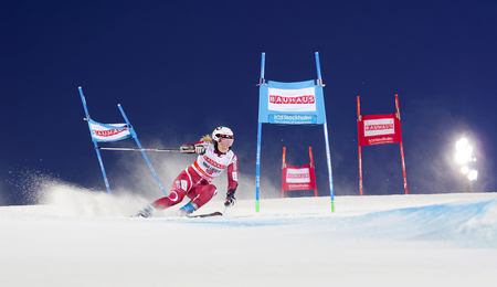 STOCKHOLM, SWEDEN - FEB 23, 2016: Nina Loeseth (NOR) skiing at the FIS Alpine Ski World Cup - city event February 23, 2016, Stockholm, Swedenのeditorial素材