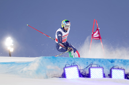 STOCKHOLM, SWEDEN - FEB 23, 2016: Manfred Moelgg (ITA) skiing at the FIS Alpine Ski World Cup - city event February 23, 2016, Stockholm, Swedenのeditorial素材