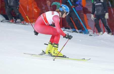 STOCKHOLM, SWEDEN - FEB 23, 2016: One male testrun skiier at the FIS Alpine Ski World Cup - city event February 23, 2016, Stockholm, Swedenのeditorial素材