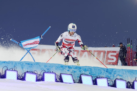STOCKHOLM, SWEDEN - FEB 23, 2016: Skier Carmen Thalmann (AUT) at the FIS Alpine Ski World Cup - city event February 23, 2016, Stockholm, Swedenのeditorial素材