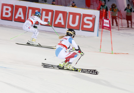 STOCKHOLM, SWEDEN - FEB 23, 2016: Skier Lara Gut (SUI) and competitor at the FIS Alpine Ski World Cup - city event February 23, 2016, Stockholm, Swedenのeditorial素材